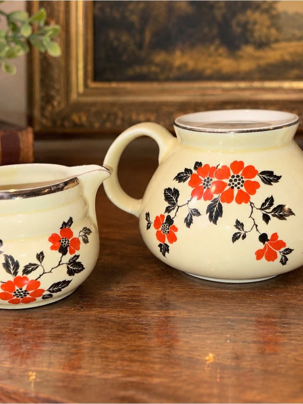 Vintage Hall Red Poppy Teapot Creamer Set Yellow Black Flowers USA No Lid
